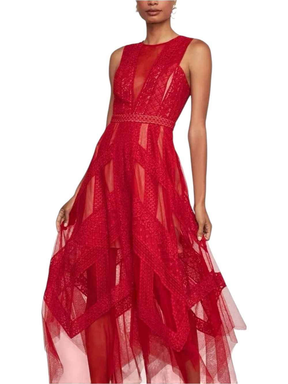BCBGMAXAZRIA Andi Red Maxi Dress US 4 Handkerchief Hem Lace Sleeveless